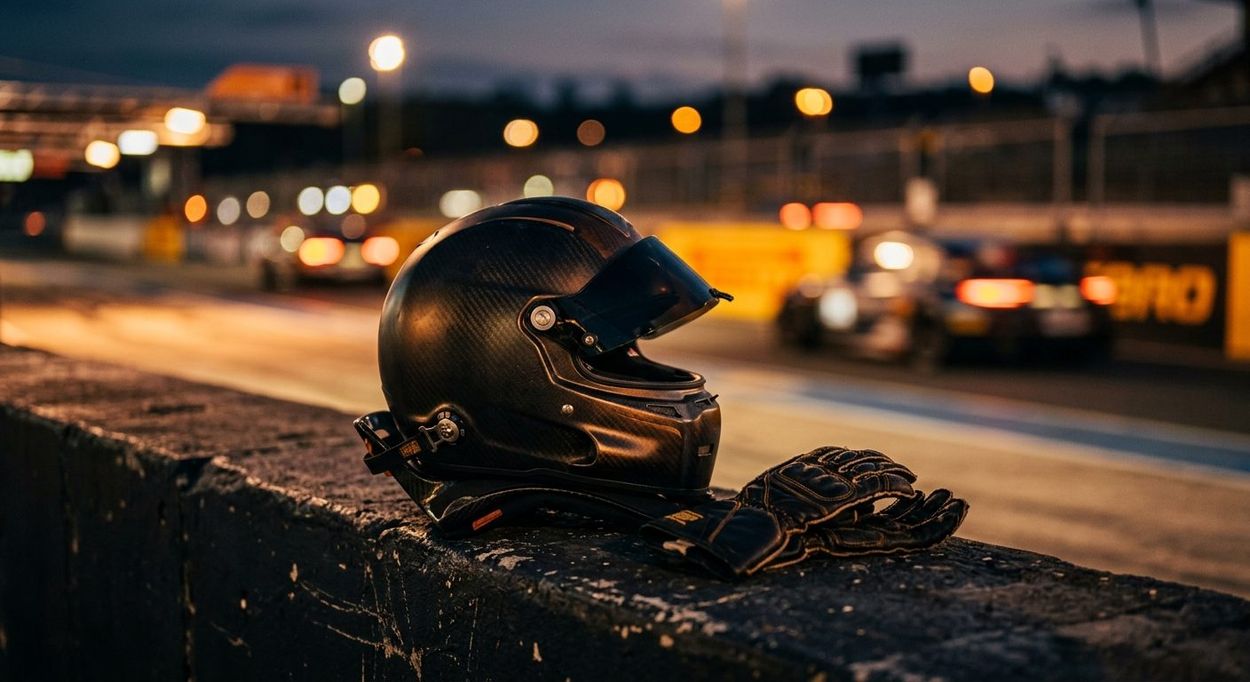 Helmet and gloves on the pit wall