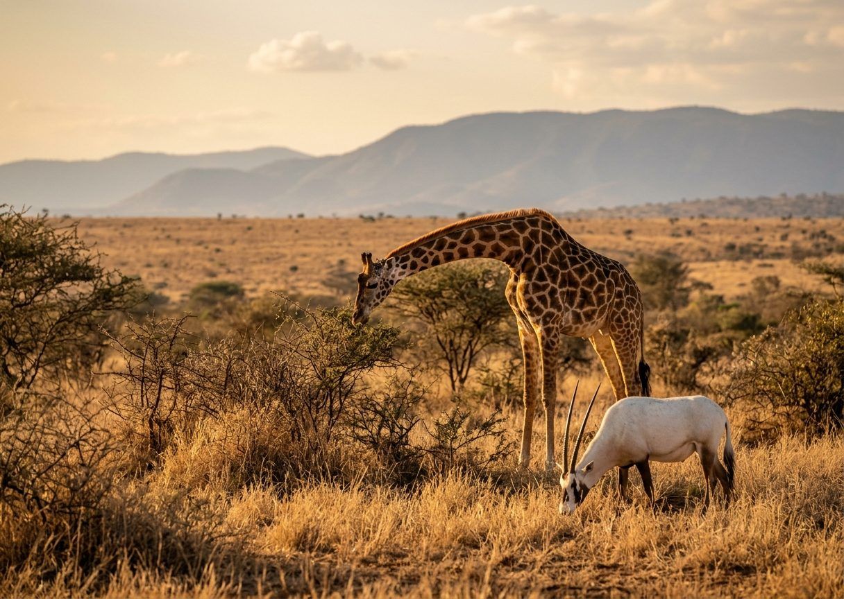 A giraffe and Arabian oryx grazing at golden hour on Sir Bani Yas Island