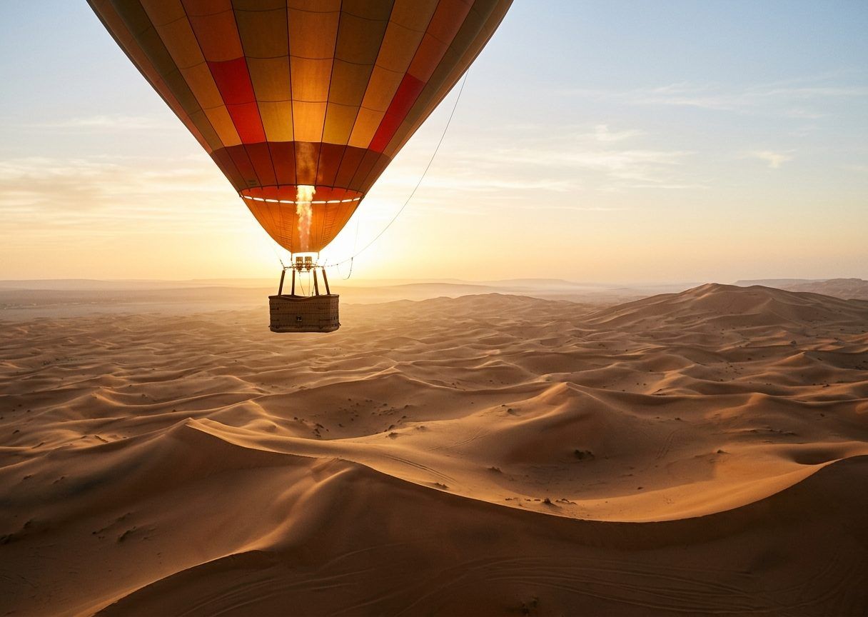 Hot-air balloon over the desert dunes at sunrise near Dubai