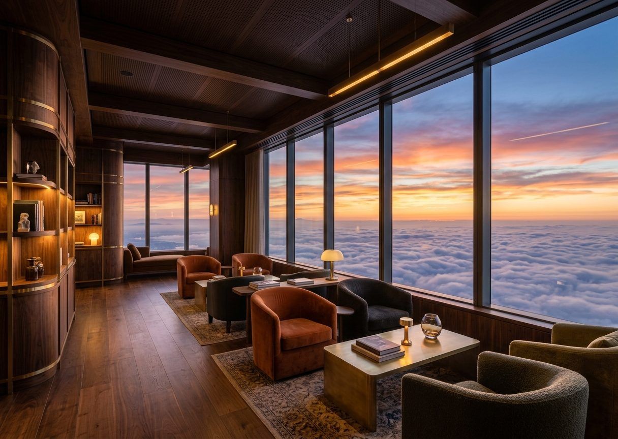High observation lounge at sunset