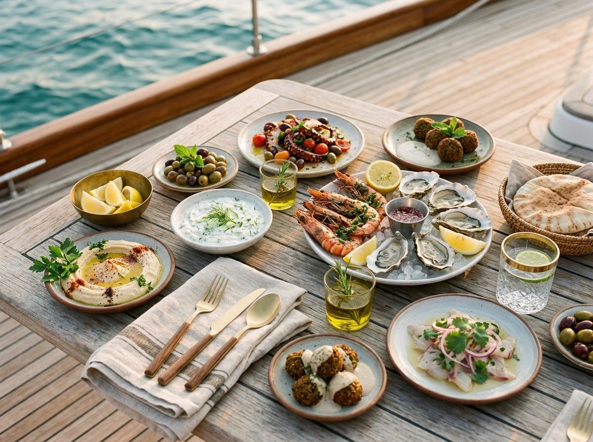 Seafood and mezze on a teak table