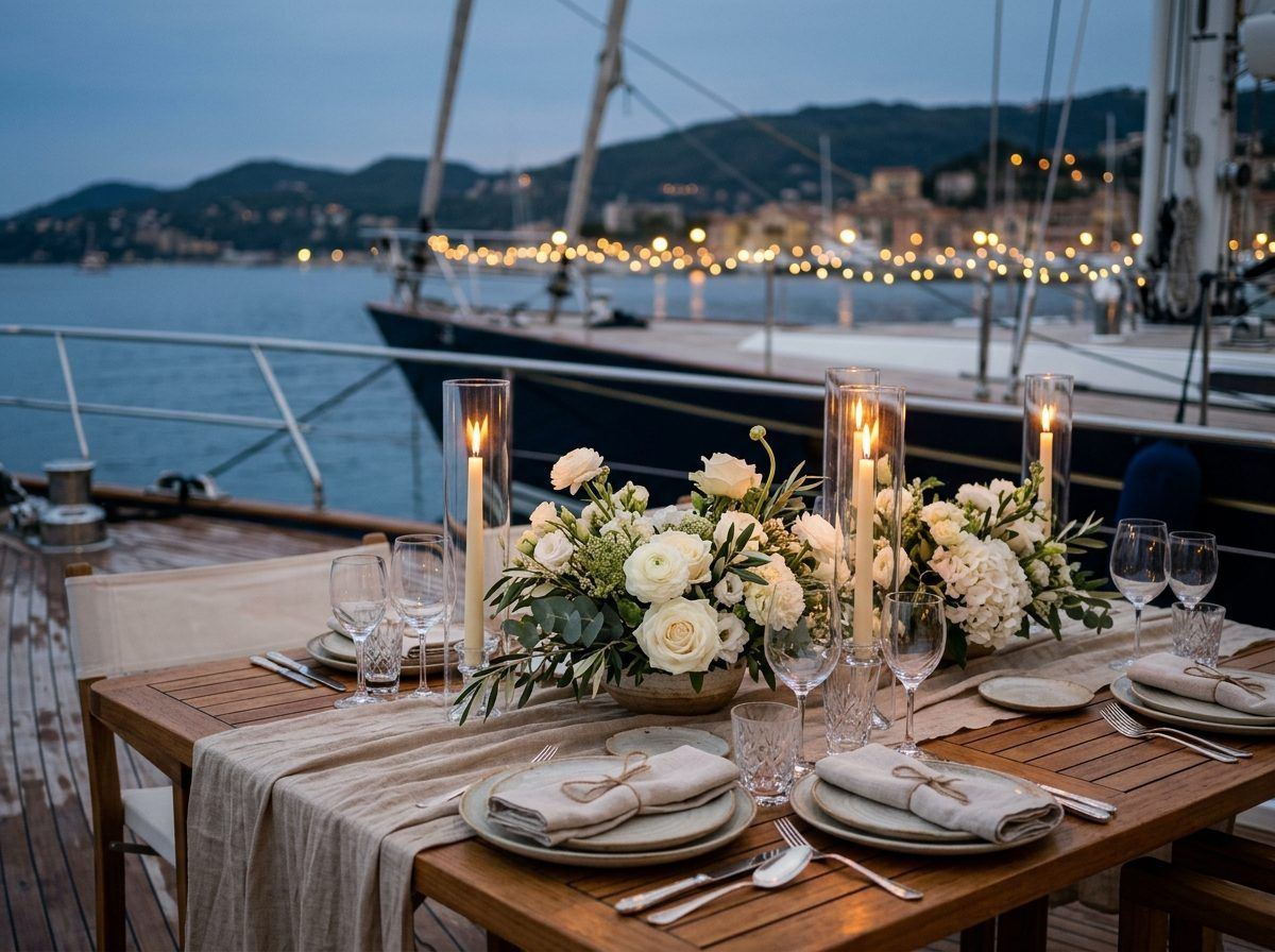 Intimate table set with candles at dusk