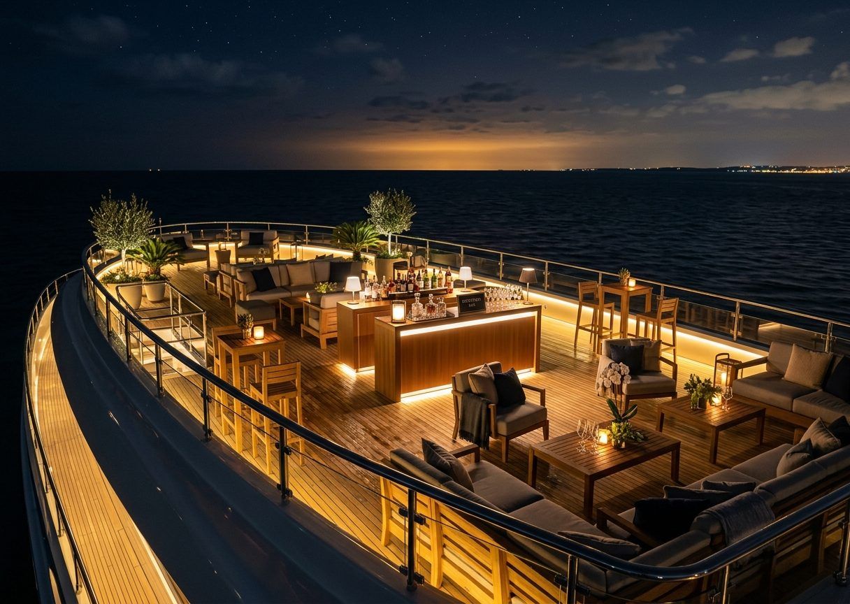 Upper deck at night set for a reception